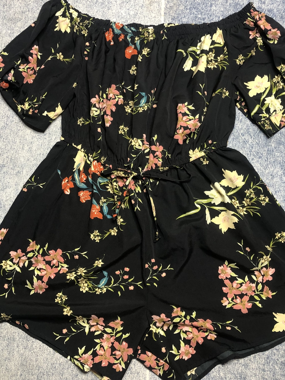 Blush Black Floral Off-Shoulder Romper with Drawstring Waist